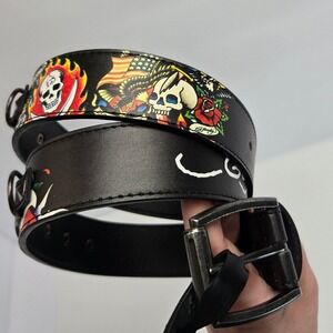 Ed Hardy Mens Black Leather Skull Rose Tattoo Belt Size 38